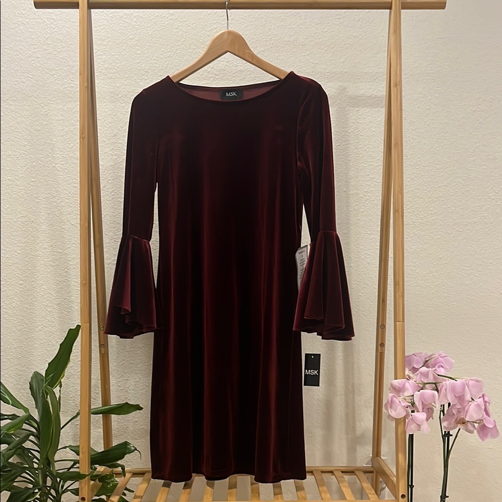 MSK Velvet Burgundy Sheath Dress with Bell Sleeves